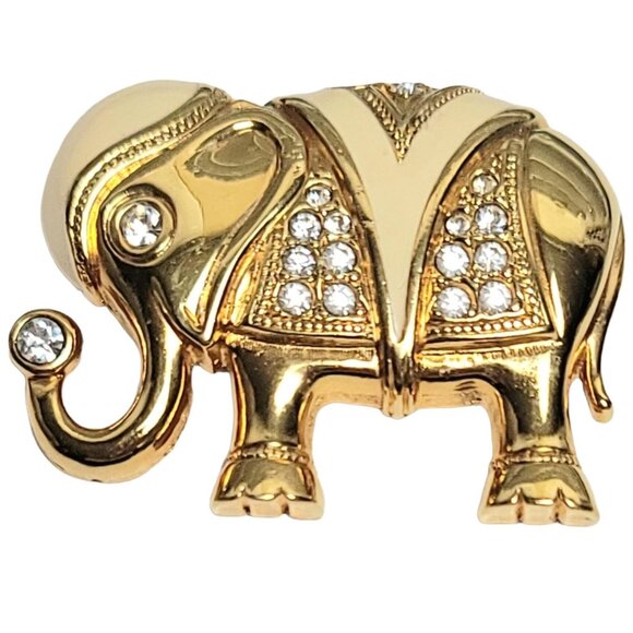 Vintage KJL For Avon Cream Enamel Clear Rhinestone Elephant Brooch Pendant - Picture 10 of 10